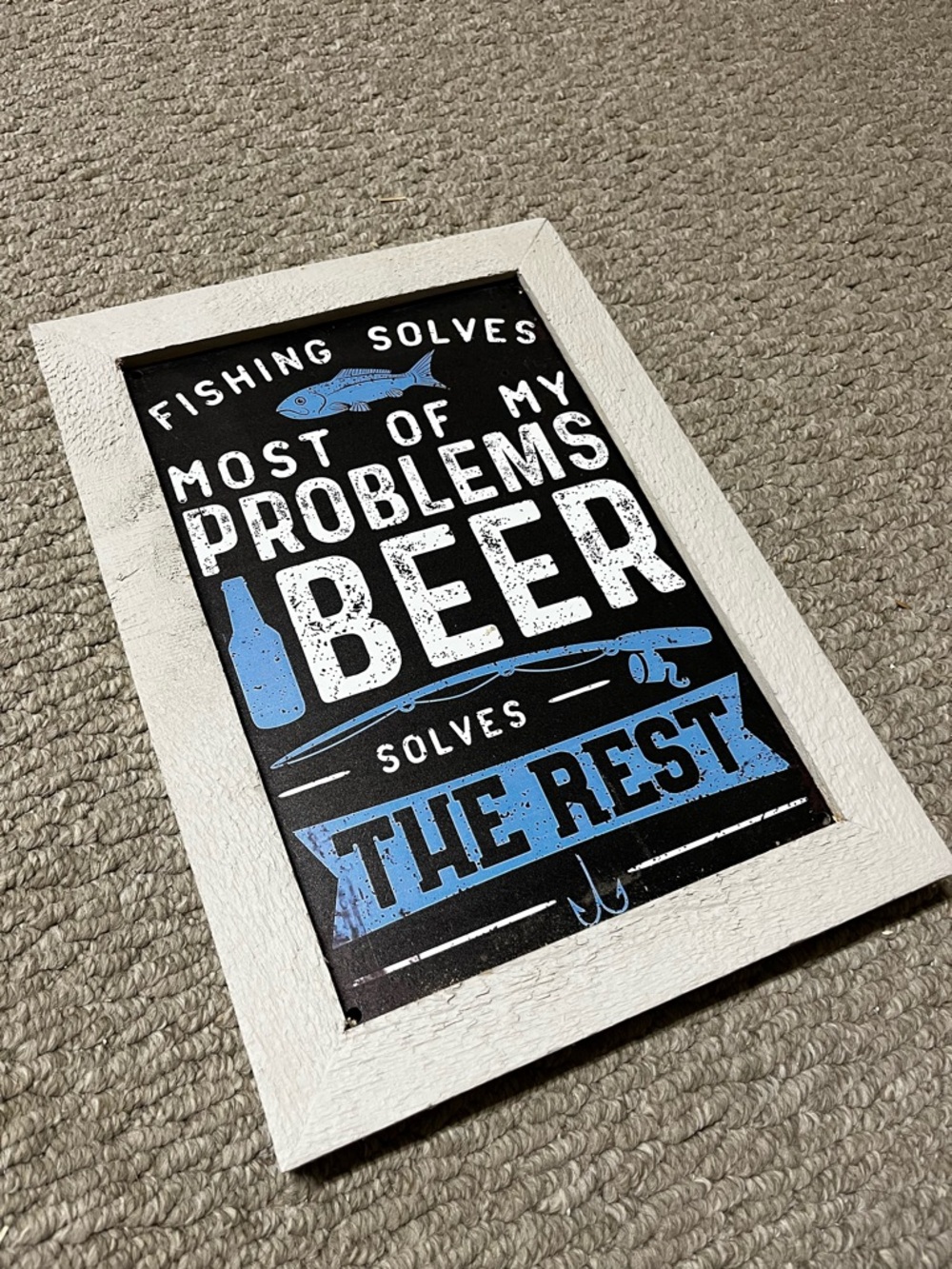 White Framed 'Most of My Problems Beer' Blue & Black Wall Sign